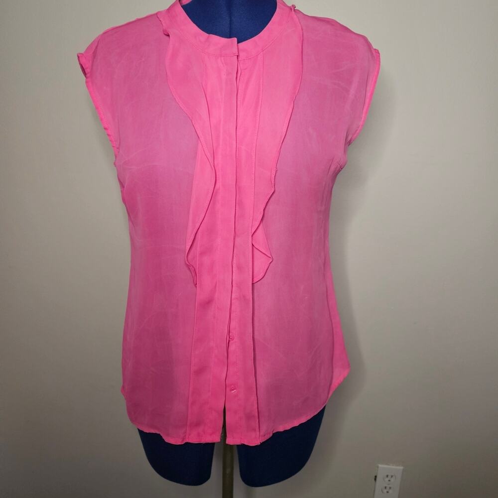 Worthington Pink Ruffle Sleeveless Blouse Large Career Office Hidden Button Top
